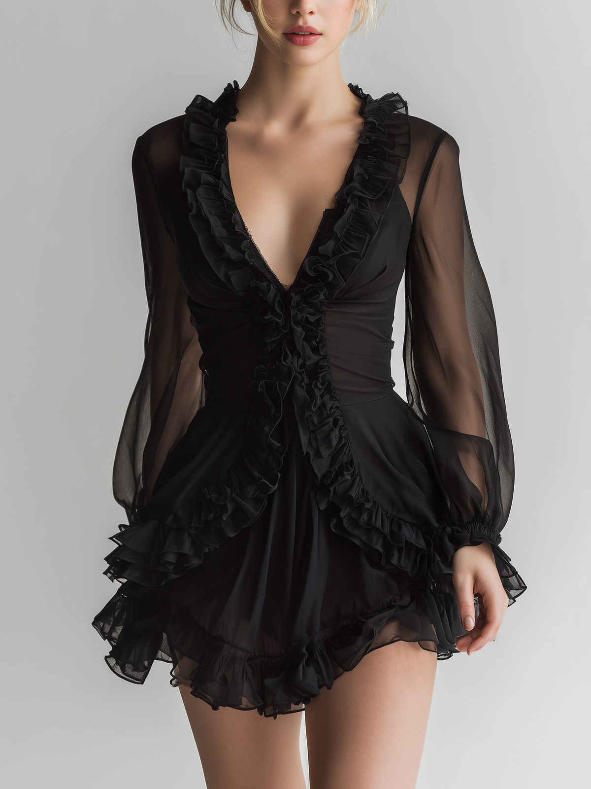 Lara | Black Sheer Mesh Ruffled Deep V Long Sleeve.