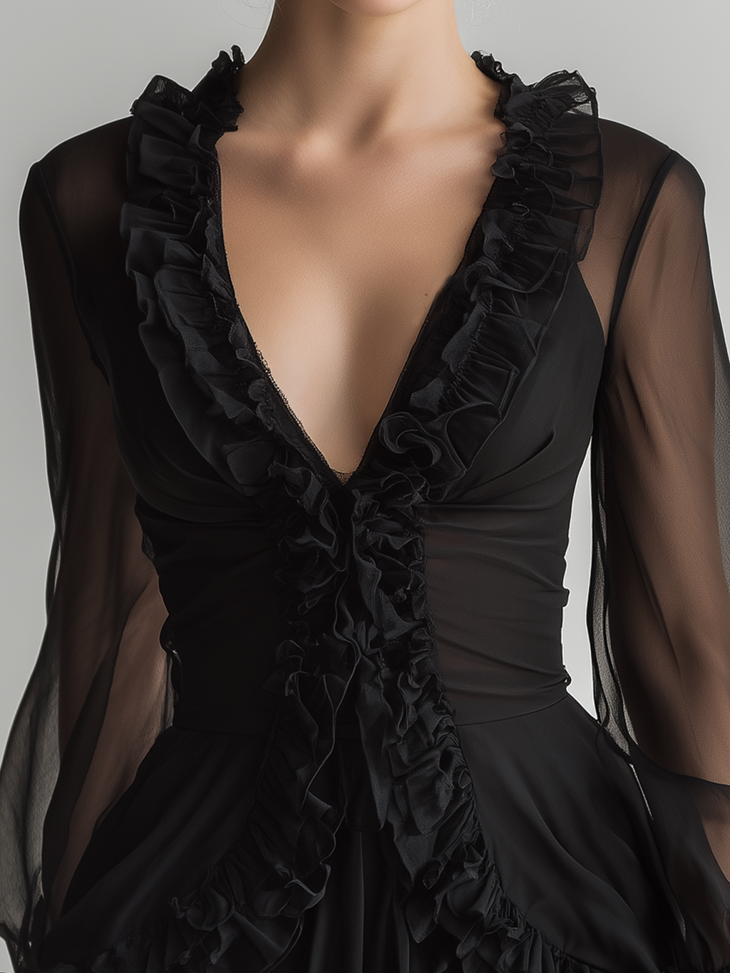 Lara | Black Sheer Mesh Ruffled Deep V Long Sleeve.