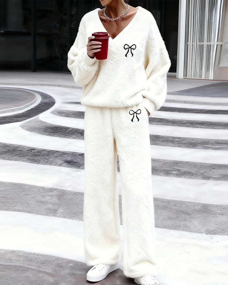 Soft Sweet Bow Embroidered Fleece Matching Set