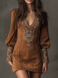 Lunori™ | Embroidered Suede Mini Dress in Purple