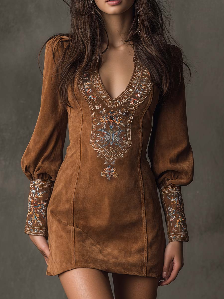 Lunori™ | Embroidered Suede Mini Dress in Purple